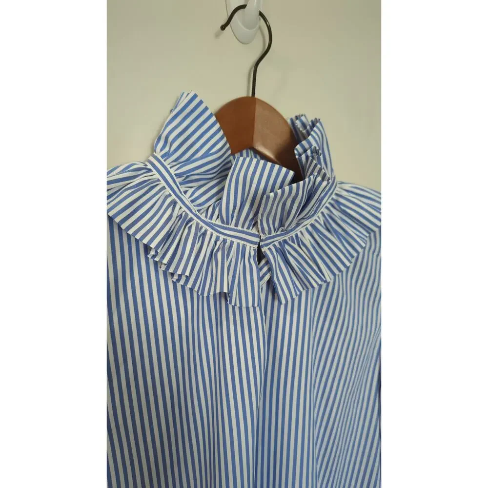 Tuckernuck Striped Ruffle High Neck 3/4 Sleeve Blouse - Picture 5 of 6